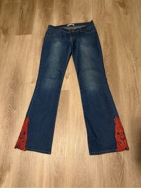 Dark Blue Flare Jeans with Red Lace Trim